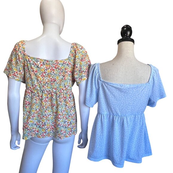 No Boundaries Smocked Square Neck Tops Floral & Light Blue Womens Size XL (2-pk) - Picture 2 of 9